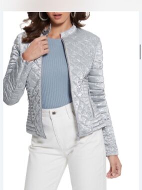 Guess Quilted Silver Women's Jacket - Lightweight Shine